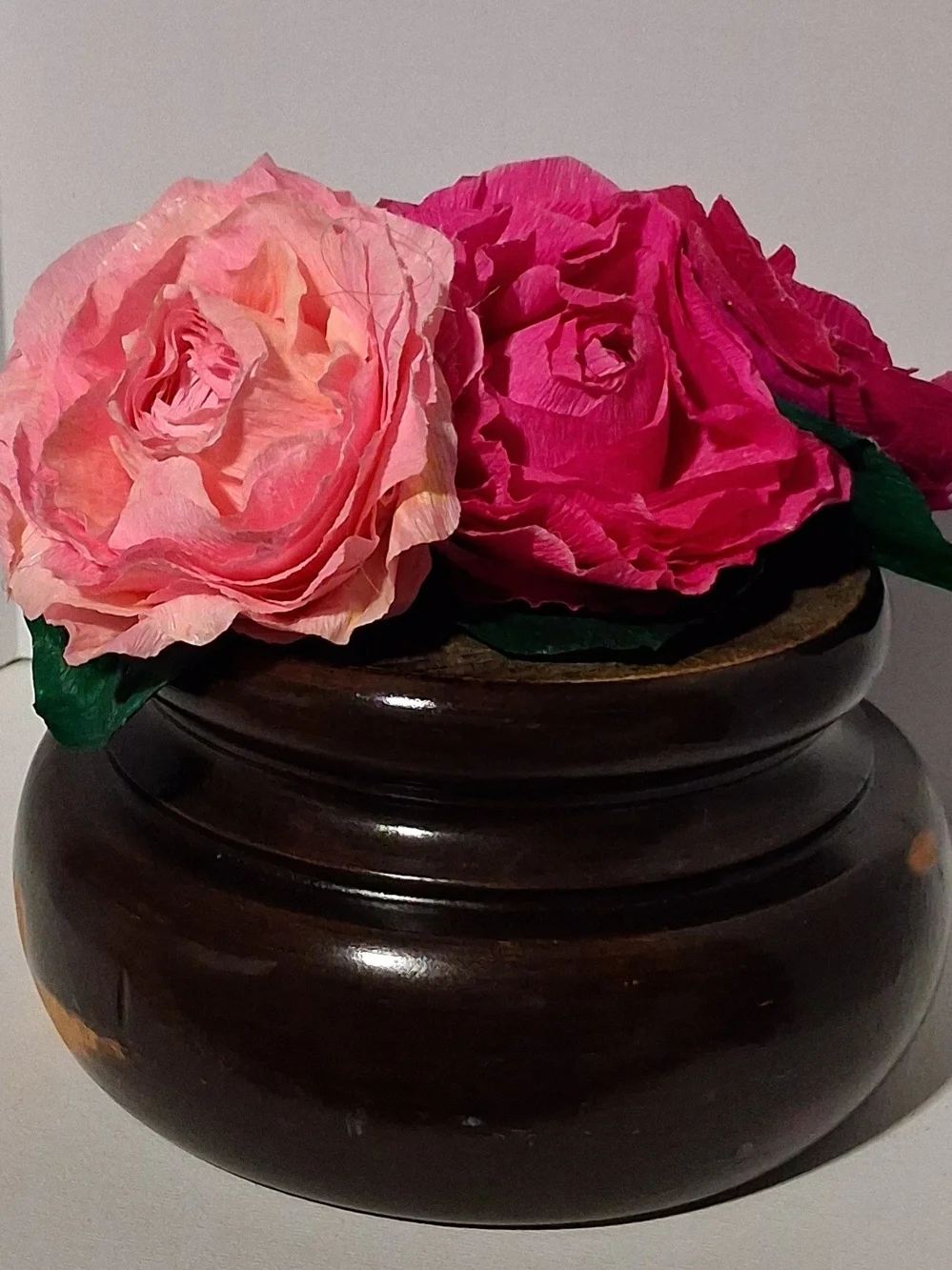 Handcrafted Pink and Magenta Crepe Paper Rose Arrangement On Wood Base